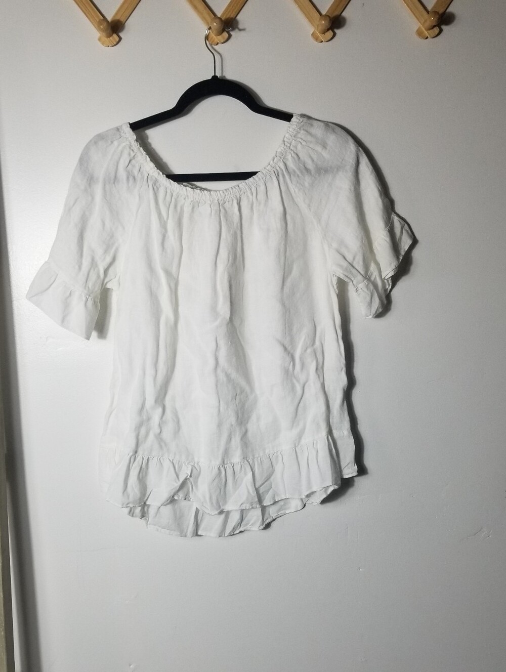 TERZO MILLENNIO LINEN WHITE RUFFLED OFF-SHOULDER WOMEN'S BLOUSE SIZE LARGE